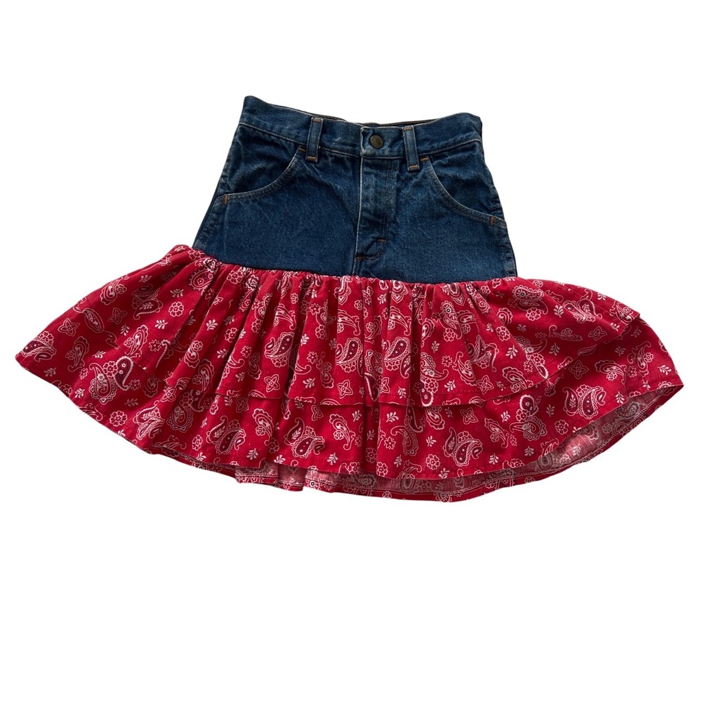 Rustler Kids Girls Red Paisley Bandana Denim Ruffle Skirt Dark Wash Size 10 Slim